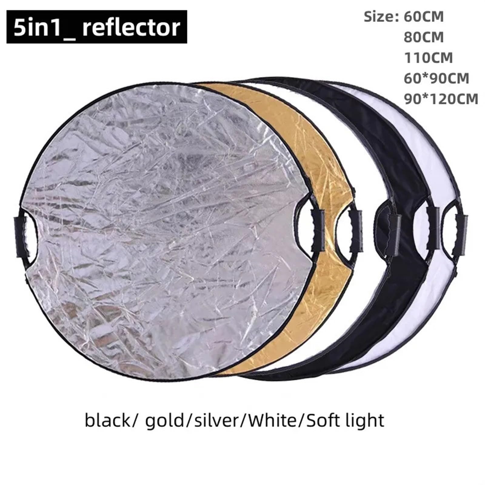 Fotografía Reflector Reflector 5 en 1 Plata Blanco Oro Portátil Plegable Luz Suave Fotografía Redonda for Estudio(110CM-5in1)