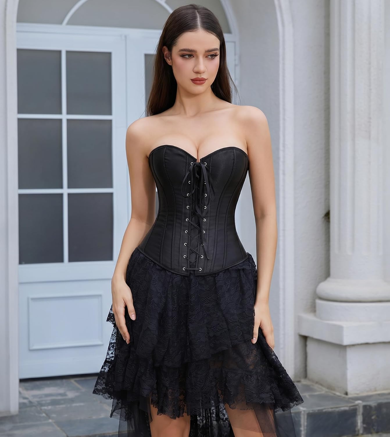 TRIWORKS Corset Tops for Women Lace up Bustier Overbust Corset for Halloween Costume Renaissance Corset Shapewear