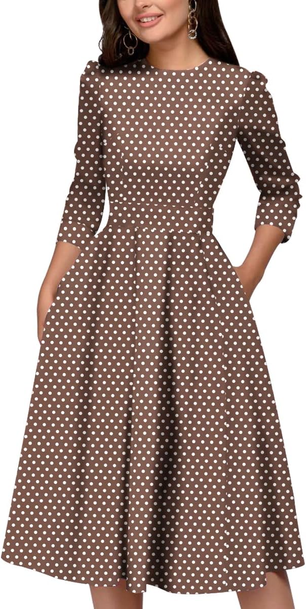 Simple Flavor Women's Floral Vintage Dress Elegant Midi Evening Dress 3/4 Sleeves(XH3346BR,M) - Image 5