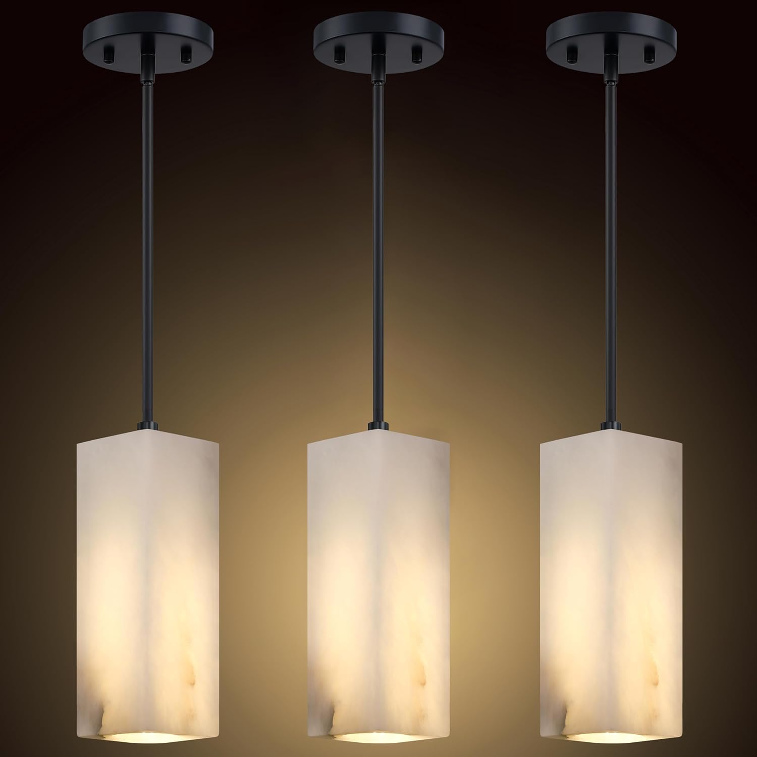 3 Pack 1 Light Square Natural Alabaster Marble Modern Industrial Farmhouse Hanging Kitchen Island Pendant Ceiling Light Fixture,Grey Finish Over Sink Restaurant bar Corridor