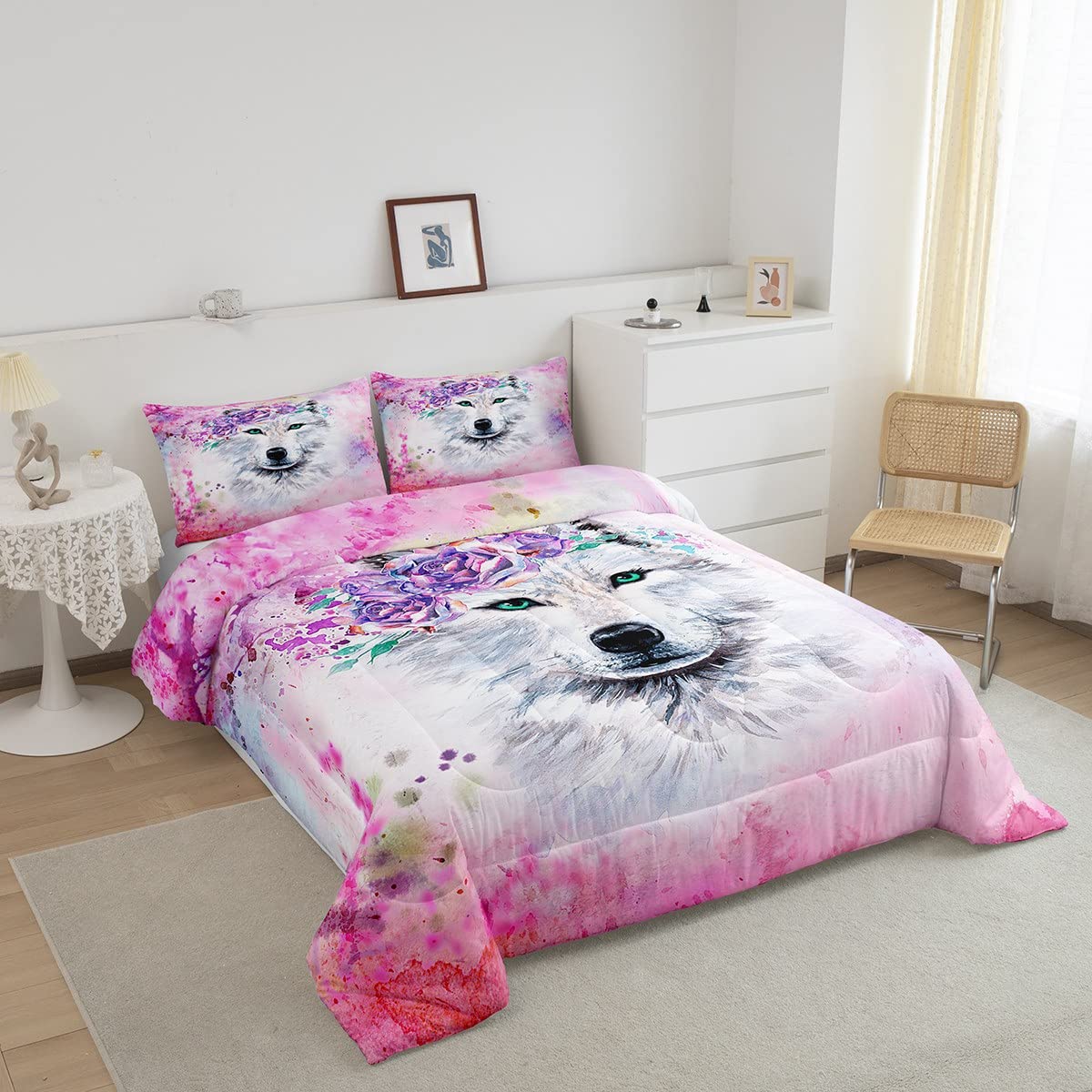 Feelyou Wolf Warm Comforter Tie Dye Pink Wolf Print Twin Size Bedding Set for Kids Boys Girls 3D White Wolf Animal Floral Decor Comforter Set Wildlife Quilt Set Bedroom Collection 2Pcs