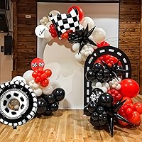 Vista 7 de Globos de autos de carreras con bandera a cuadros y globos de neumáticos, globos de látex rojos, negros y blancos para decoración de fiesta temática