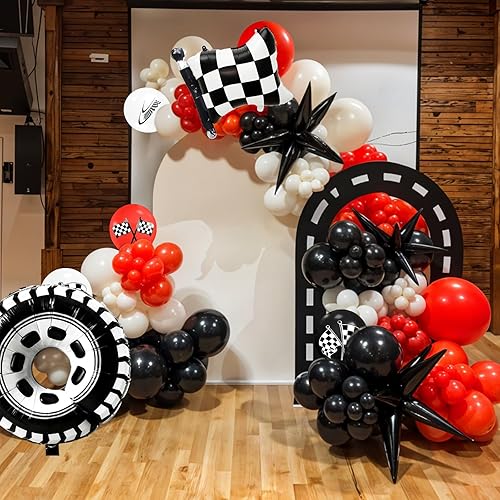 Vista 7 de Globos de autos de carreras con bandera a cuadros y globos de neumáticos, globos de látex rojos, negros y blancos para decoración de fiesta temática