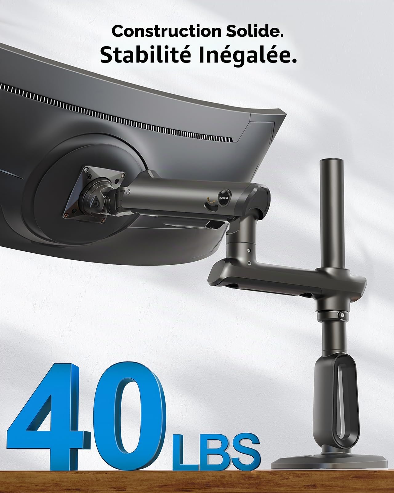 HUANUO Bras Ecran PC Robuste pour Moniteurs Ultra-Larges 49 Pouces, Supporte 18 kg, Aluminium, Hauteur Max 739 mm, VESA 100x100 mm