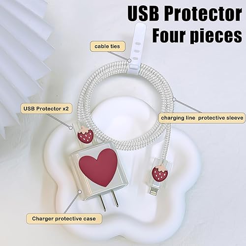 Miniatura 2 de Bonito protector de cable compatible con adaptador de iPhone con diseño de corazón de amor 3D rojo vino, caramelo y fresa, cubierta USB de línea de