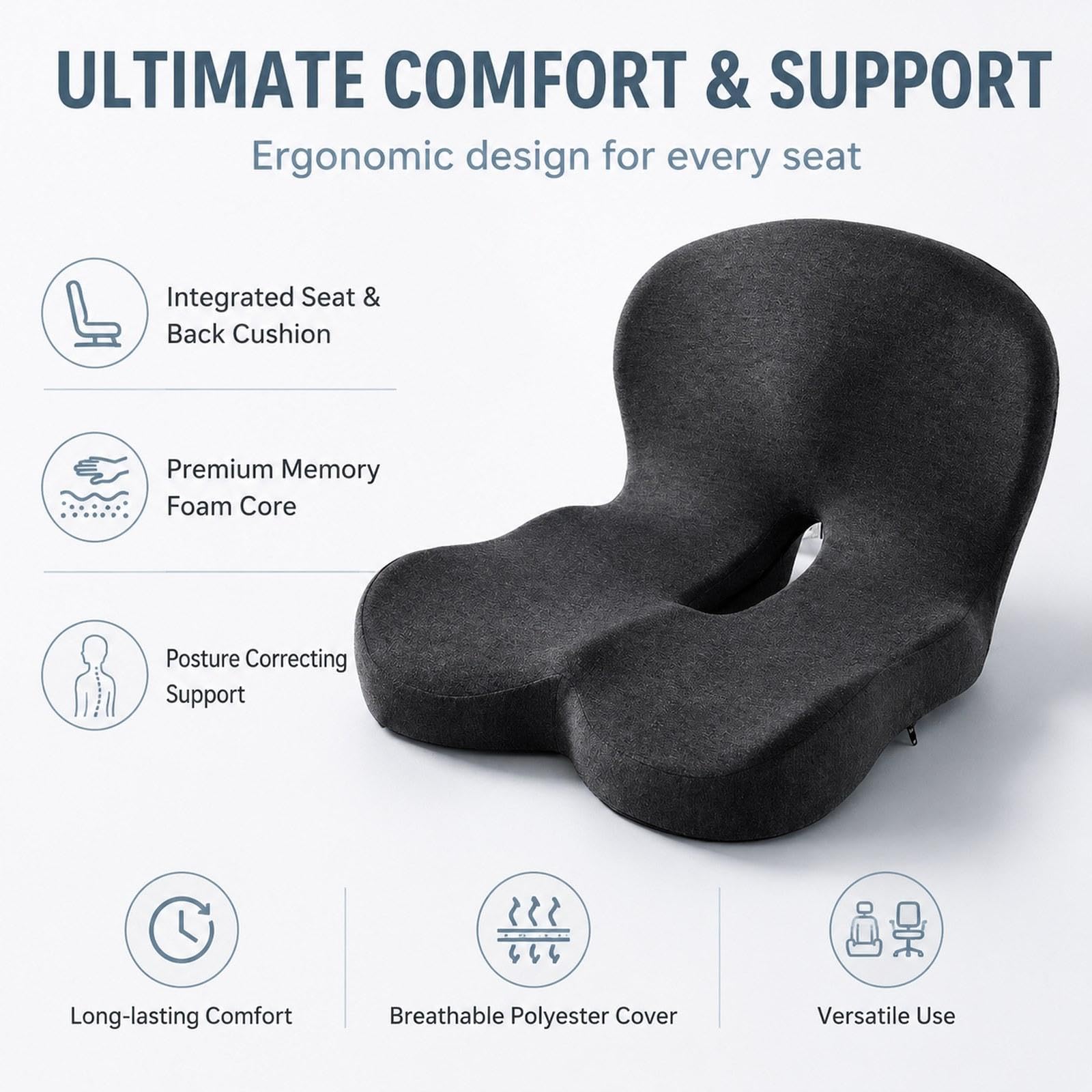 Cuscino Seduta Memory Foam Cuscino Ergonomico Antiscivolo Cuscino Schienale Pad Traspirante Copertura Lavabile Adatto per Lavoratori Studenti Casa Uff, Grigio Scuro