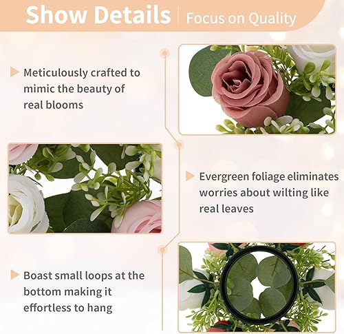 Miniatura 5 de NUPTIO - Centros de mesa de flores artificiales para boda, 10 piezas, diámetro interior de 2.9 pulgadas, blanco y rosa polvoriento, coronas de