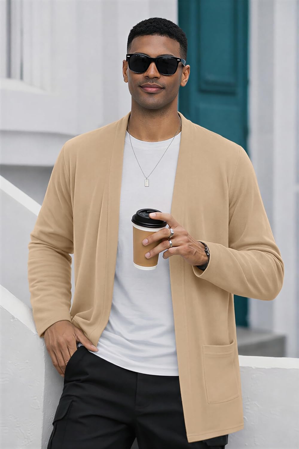 PEGENO Mens Long Cardigan Lightweight Soft Casual Open Front Cardigan with Pockets Suitable for Everyday Casual and Home Wear