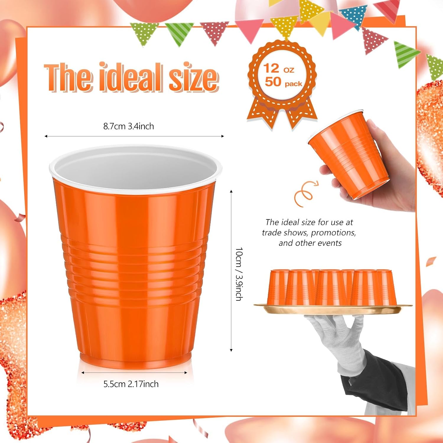 Pickmesh 50 Pack 12 oz Plastic Cups Valentine Disposable Cup Bulk for Valentine's Day Wedding Birthday Baby Shower New Year's Day Halloween and Festive Celebration Party Supplies(Orange) - Image 2