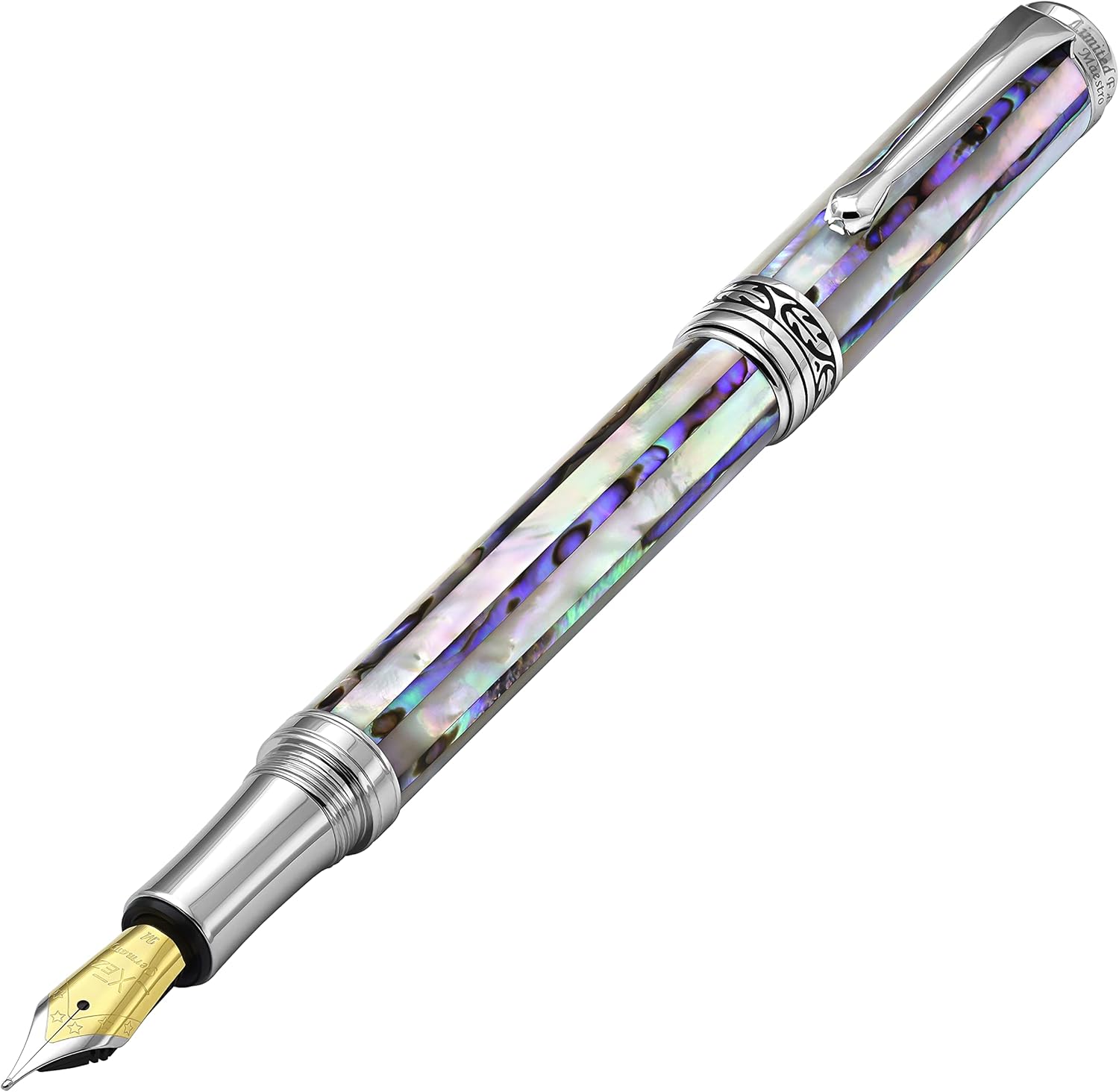 Xezo Maestro Jubilee Fountain Pen, Medium Nib. Oceanic White Mother of Pearl and Paua Abalone. Limited Edition of 223 Pieces. Handmade, Each unique