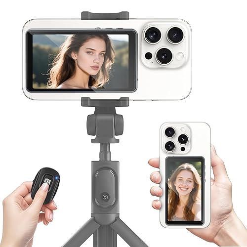 Wireless Selfie Monitor Screen for iPhone & Android, 1800mAh Magnetic Phone Vlog Selfie Screen with Bluetooth Remote, 3-Level Brightness, Wireless Mirroring for Back Camera TikTok Live No Delay Grey - Grey