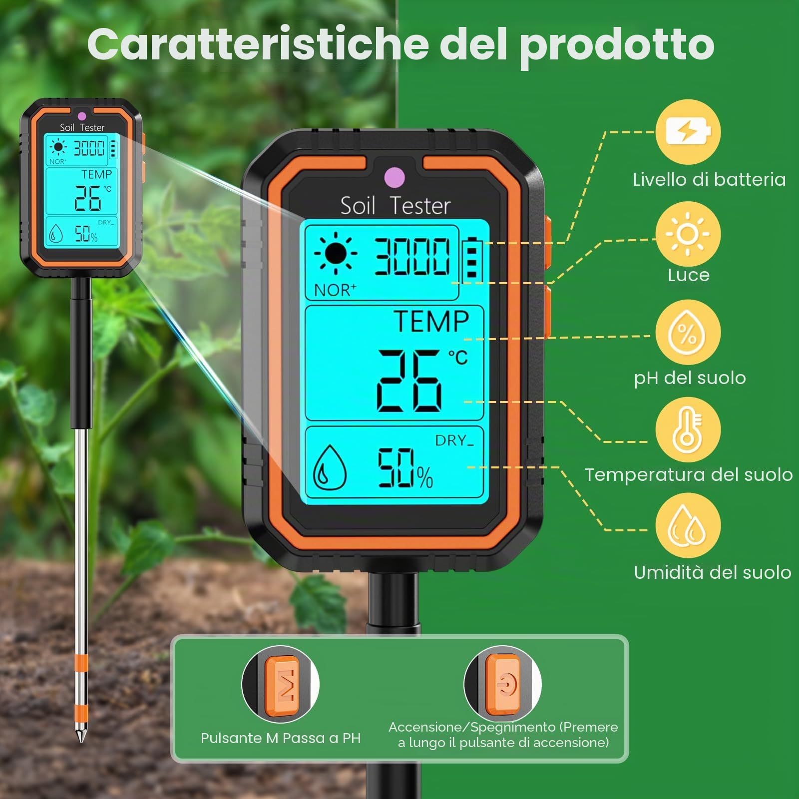4 in 1 Misuratore di PH del Terreno Igrometro per Piante Ricaricabile per PH/umidità/Temperatura/Intensità con LCD retroilluminato Compatibile con Giardinaggio/Piante in Vaso/Fattoria