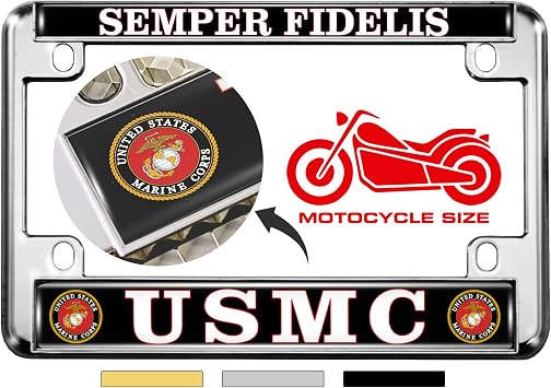 [Officially Licensed US Marine Corps Product] - Motorcycle Domed Custom-Made Personalized Metal License Plate Frame Frame with USMC Semper Fidelis Design - Chrome