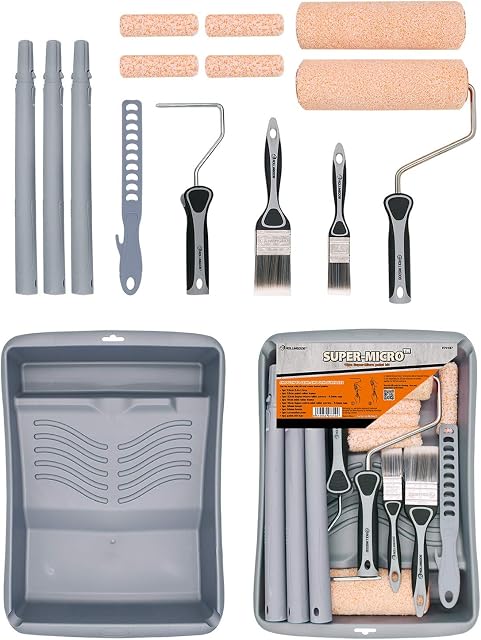 ROLLINGDOG Paint Roller Set with Extension Pole Includes Sturdy Paint Tray,Paint Brush,Paint Roller,Microfiber Roller Cover, Roller Frame,Segmented Extendable Pole, 15 PC Roller Tray for Painting