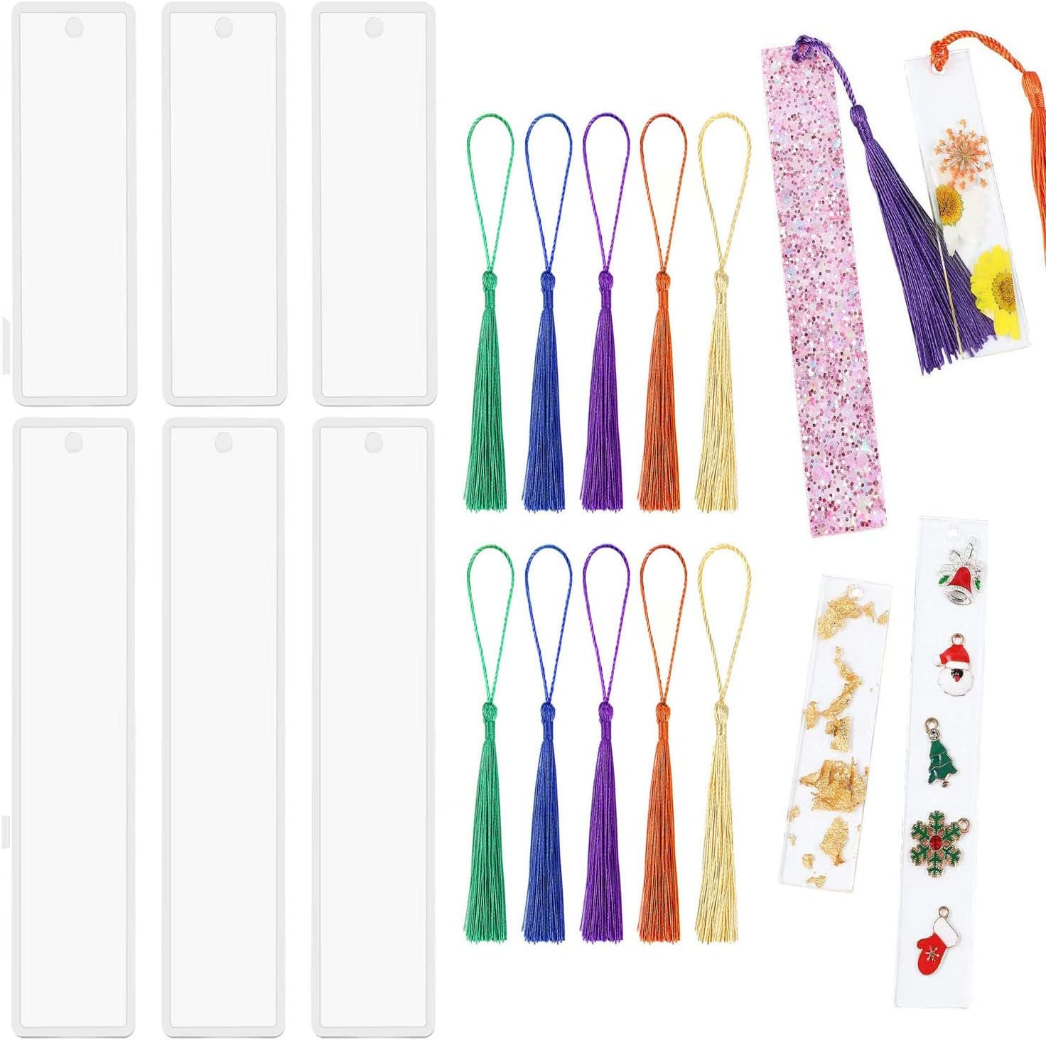 6 Pack Rectangle DIY Bookmark Resin Silicone Mold, Bookmark Silicone Molds with 10 Pcs Colorful Tassels for Jewelry DIY Craft