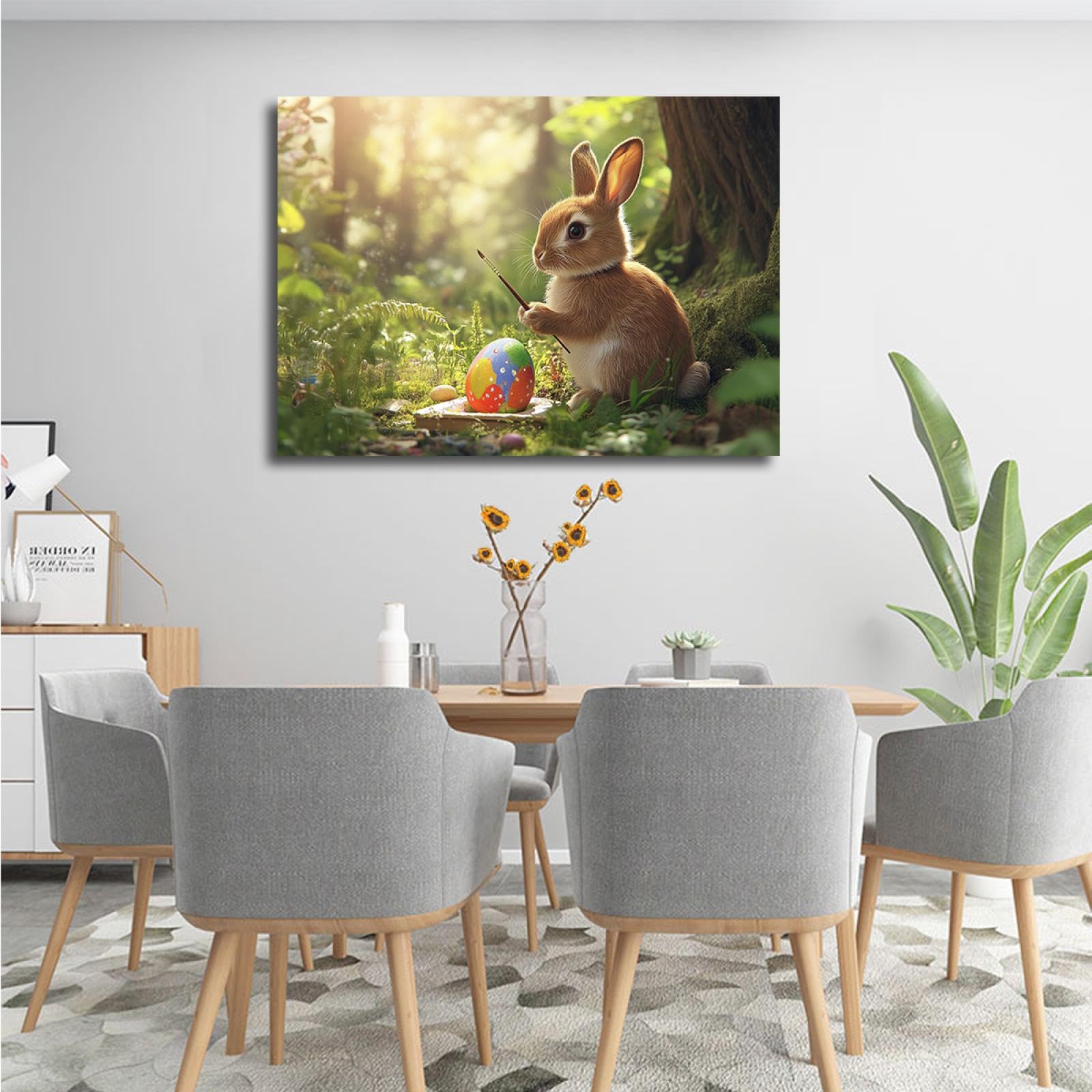 YUNART Wielkanocny królik płótno sztuka ścienna obraz wielkanocny jajko wielkanocne wiosna las plakat z nadrukiem płótno grafika łatwa do zawieszenia dekoracja domu 50 x 75 cm rama wewnętrzna
