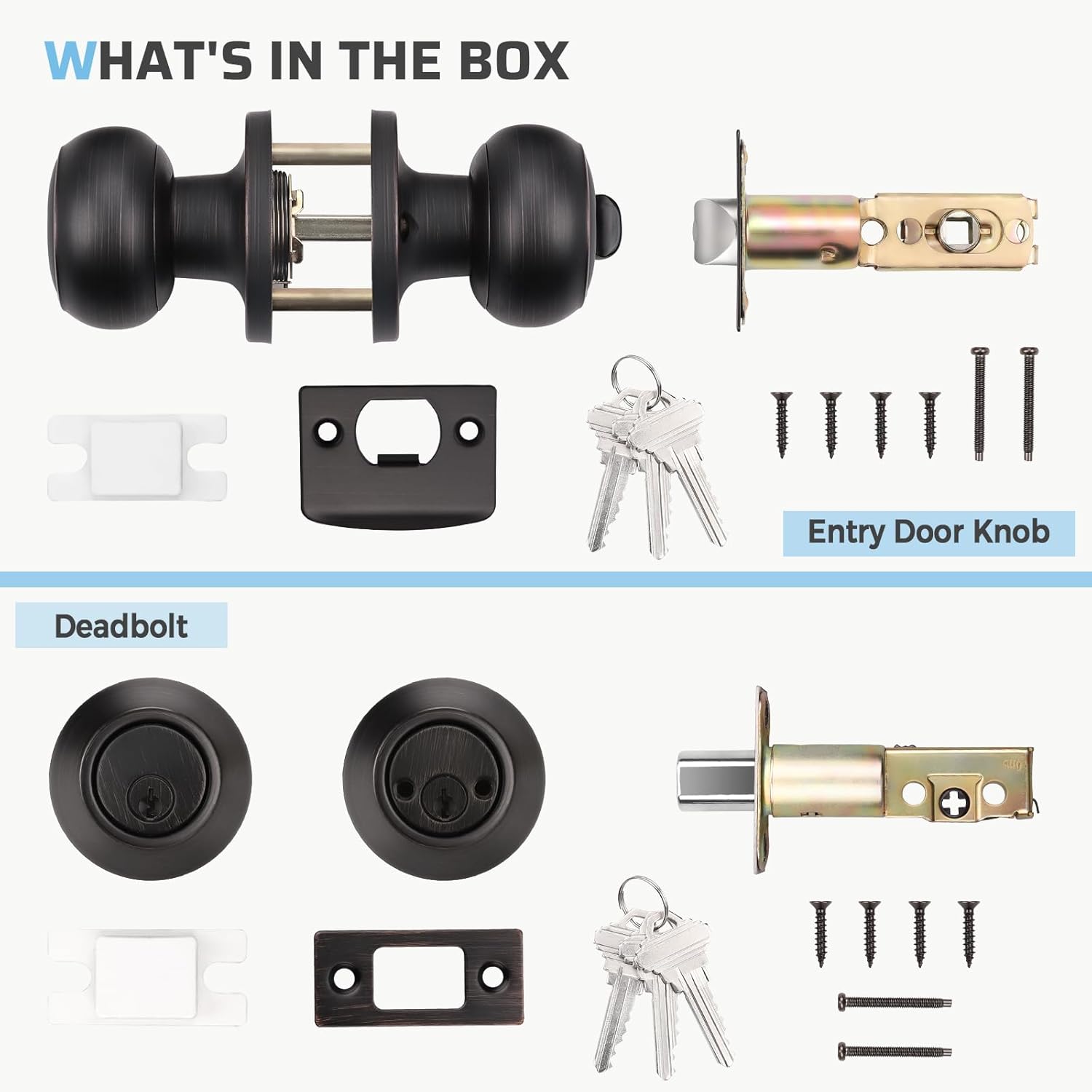 KNOBWELL 4 Pack Keyed Alike Door Knob and Double Cylinder Deadbolt Set, Exterior Door Lock Set, Double Keyed Door Knob, Oil Rubbed Bronze Front Door Lock