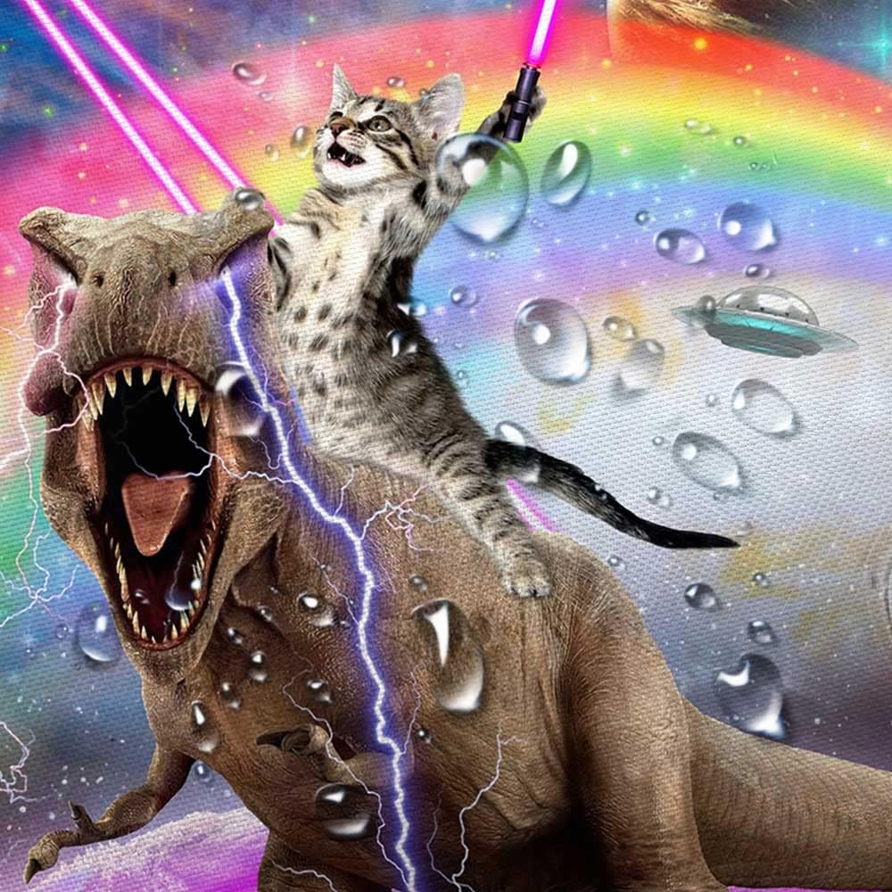 Funny Cat Shower Curtain Boys Kids Bathroom Decor, Cool Riding Dinosaur On Fantasy Galaxy Hilarious Curtain, Funky Outer Space Universe Anime Fabric with 12PCS Hooks, 70X75IN