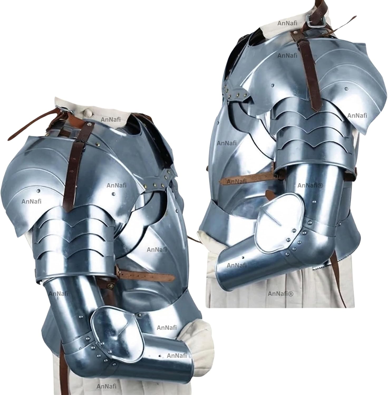 AnNafi® Complete Medieval Knight Arms Armor Set Metallic One Size Spaulders Handmade Gorget Viking Arm Shoulder Vambrace Pair Crusader Pauldrons Armour Silver