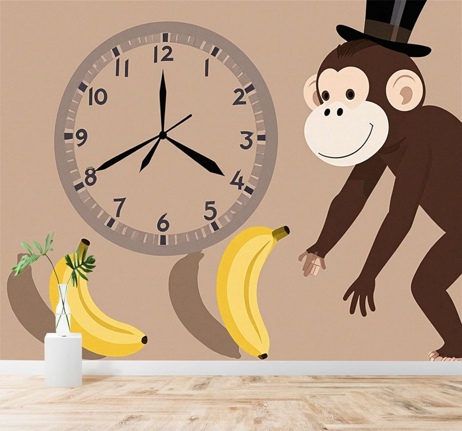 XLMING Banana Clock Illustration Cartoon Monkey 3D Wallpaper Silky Texture Home Study Office Grey Dining Room Sofa Bedroom Living Room TV Backdrop-200cm×140cm