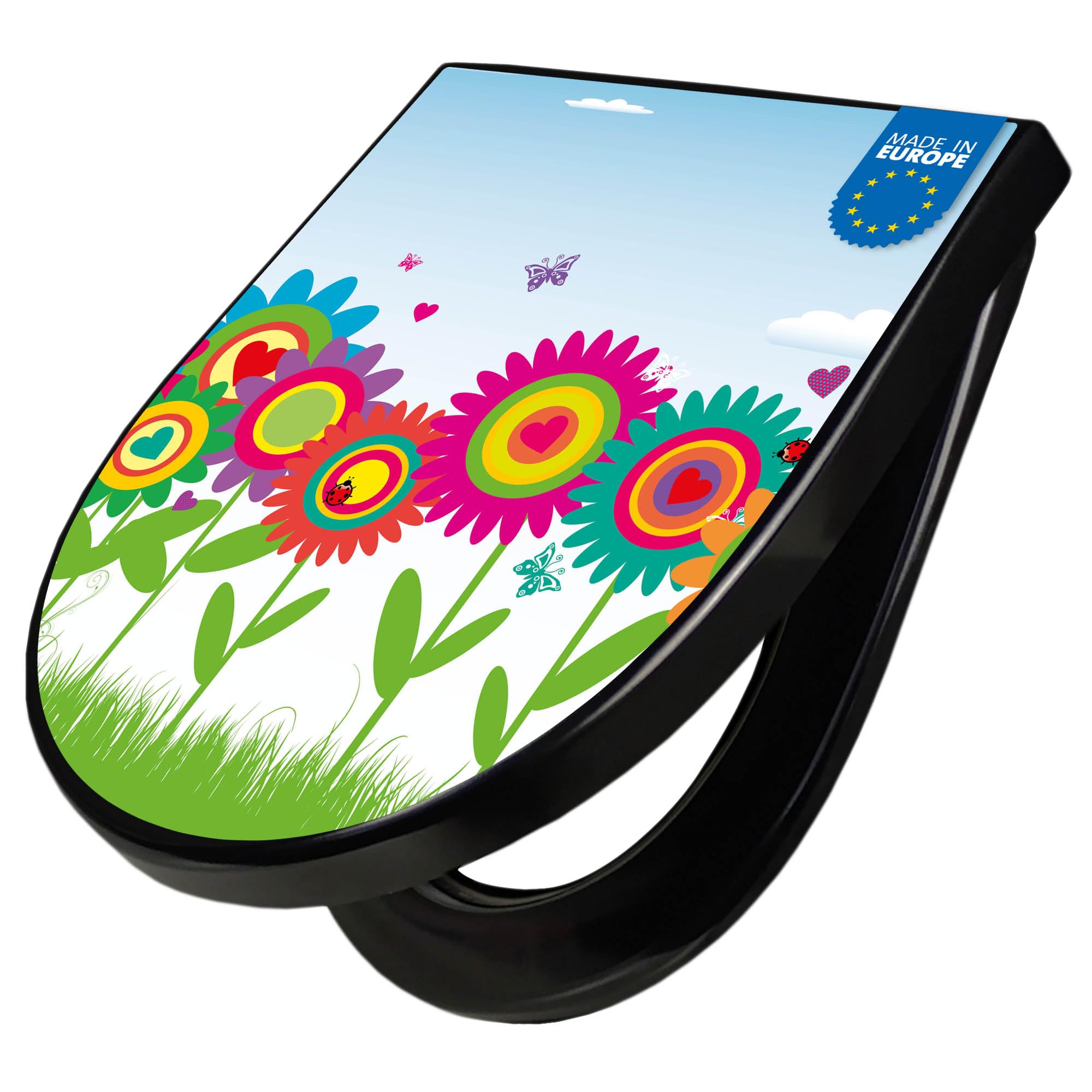 banjado WC Sitz mit Absenkautomatik D Form - Toilettendeckel mit Absenkautomatik D Form - Klodeckel Softclose - stabile Klobrille - Toilettensitz Schwarz - Motiv Bunte Blumen