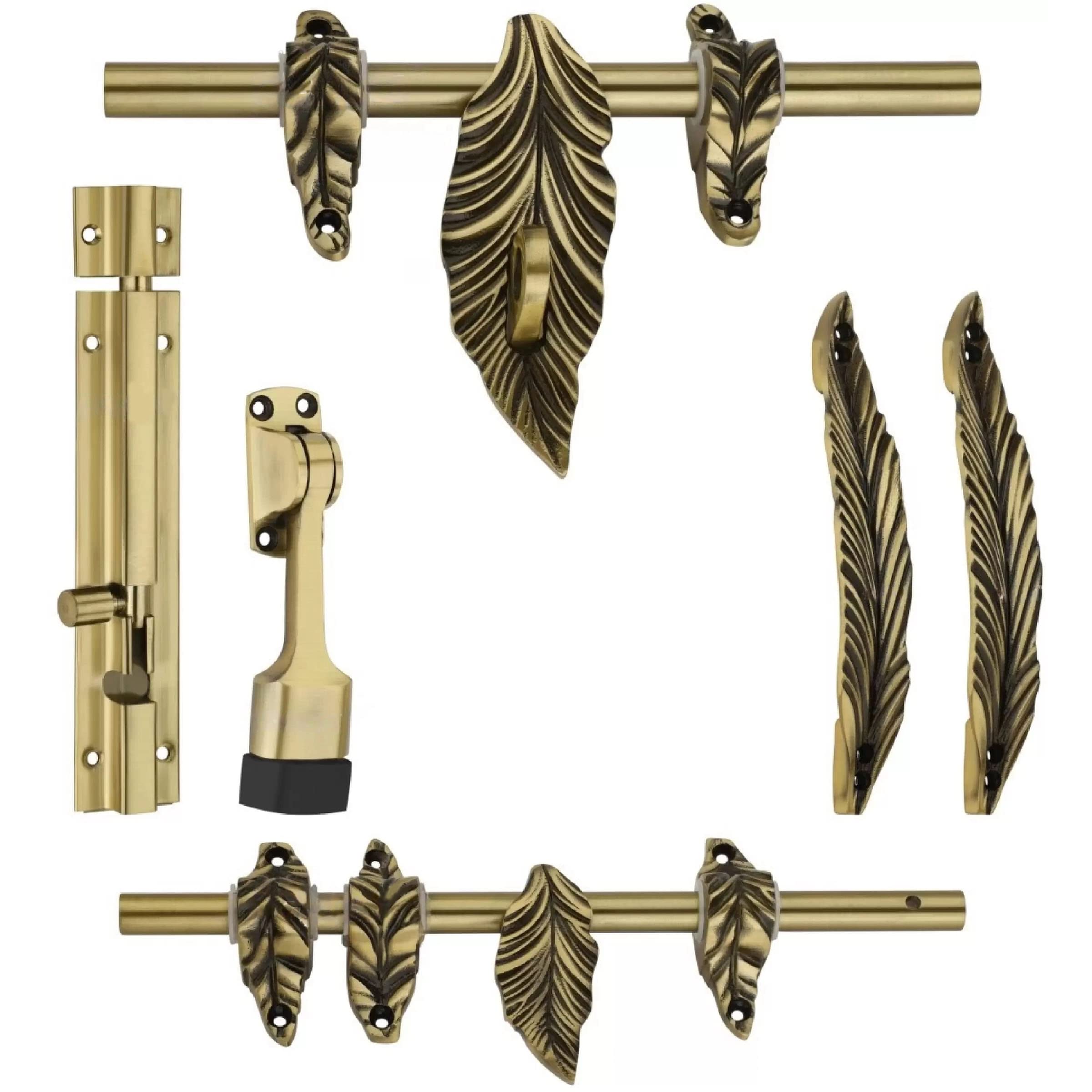 Urim Door kit Antique Brass Finish Standard Size Door Fitting Accessories Kit (1 Front Aldrop,1 Back Latch, 2 Handles, 1 Door Stopper & 1 Tower Bolt, 6 Count) Leaf (B0C2WMQZ6M) Amazon Price History, Amazon Price Tracker