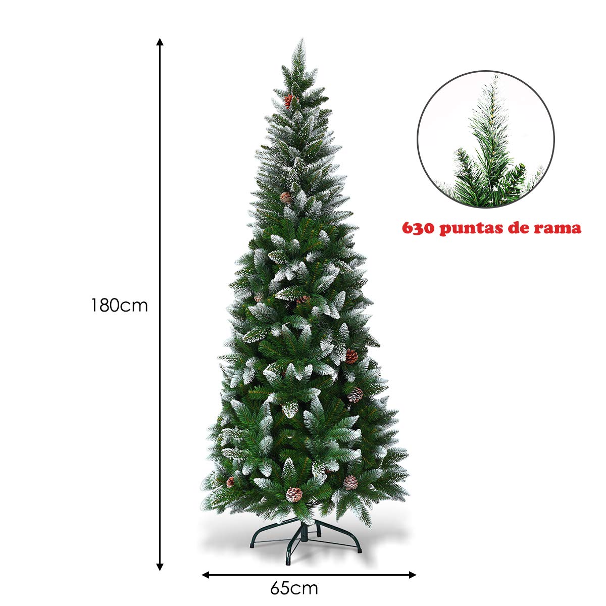 COSTWAY Árbol de Navidad Slim/Estrecho 180cm, Arbol de Navidad Nevado con 29 Piñas, Pino Cubierto de Nieve, PVC de 630 Puntas, Arvore de Natal Soporte de Metal, Hogar Oficina Fiesta (180 cm)