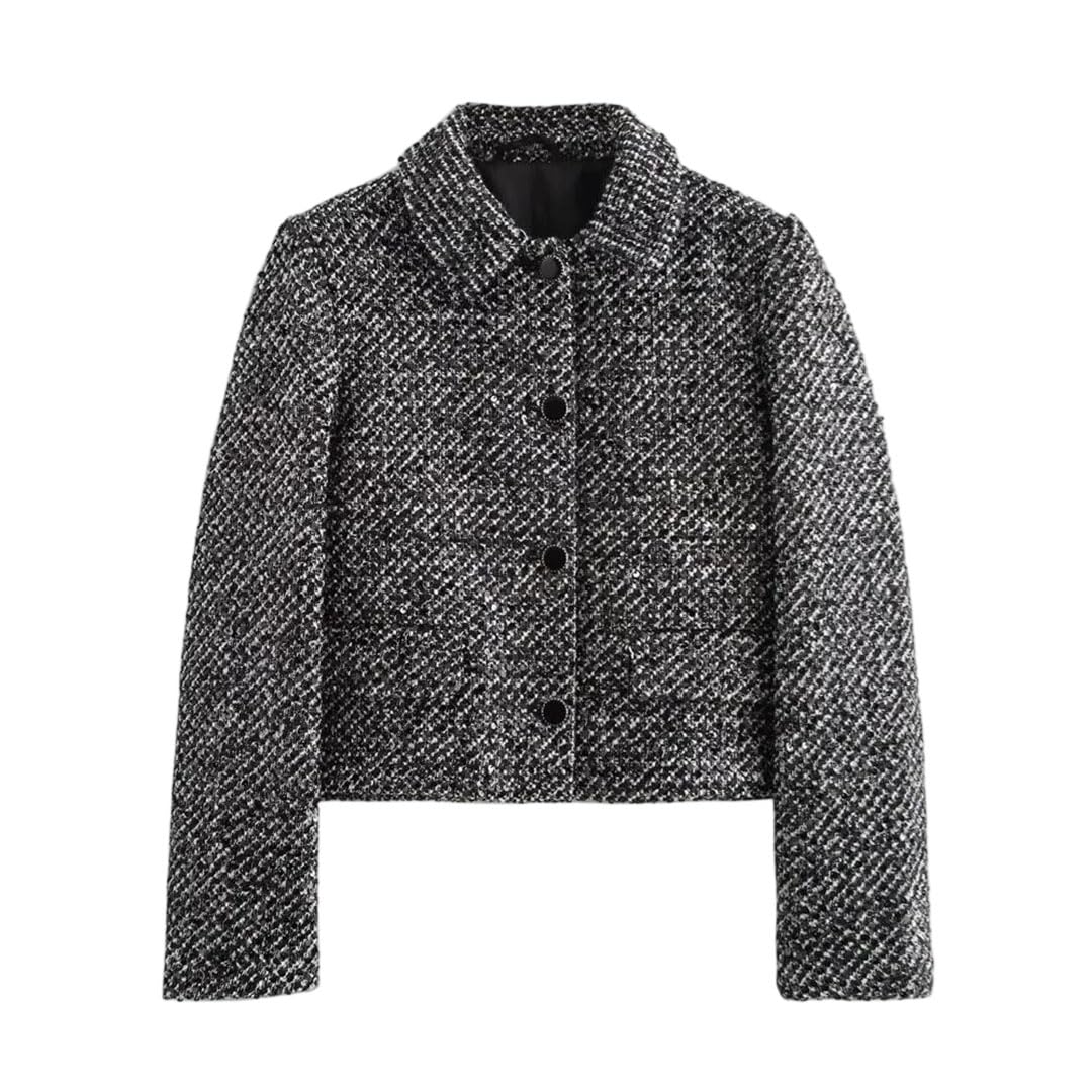 Womens Loose Lapel Long Sleeved Pearl Embellished Texture Short Suit Jacket