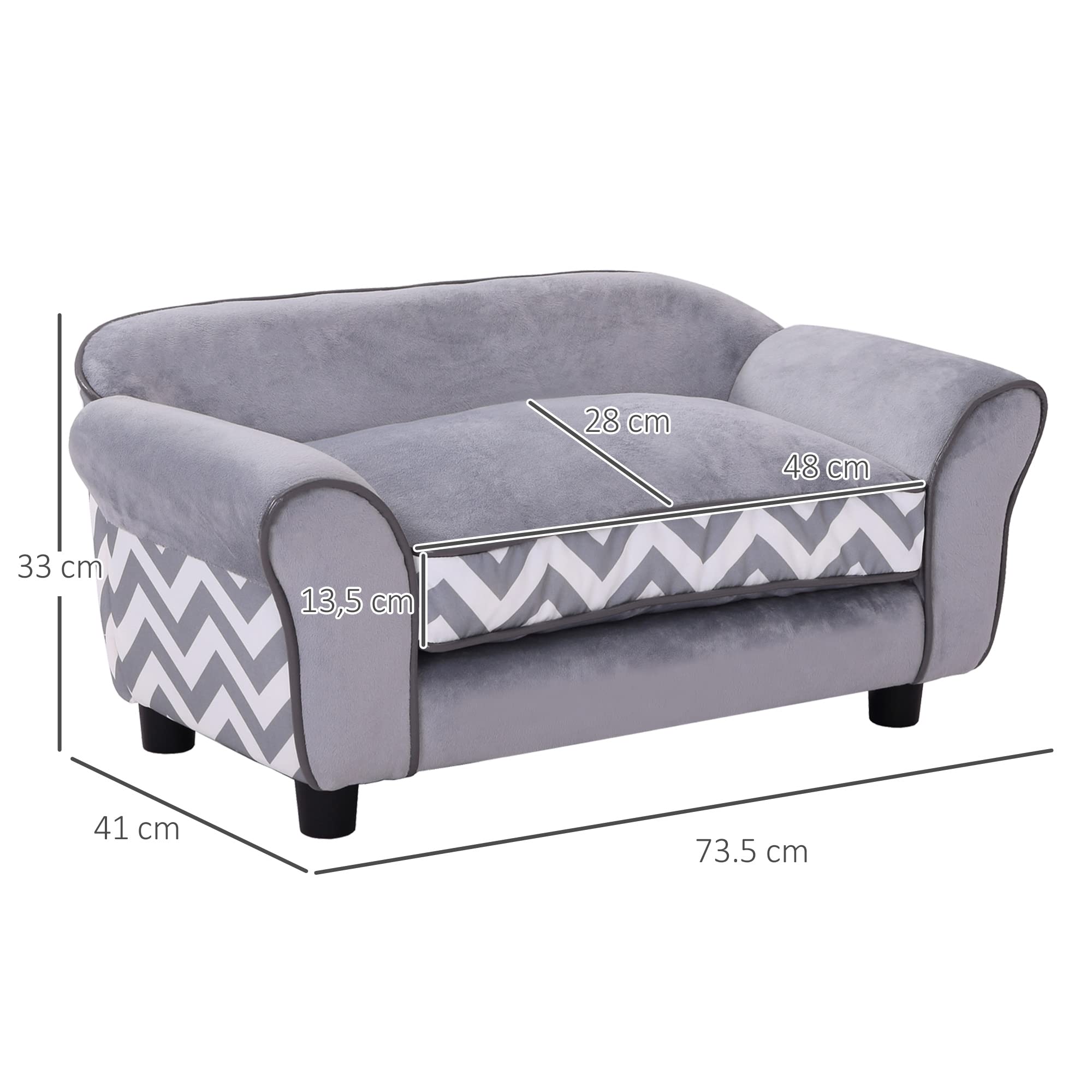 PawHut Sofá para Mascotas con Patas Cama para Perros de Madera con Cojín Acolchado Acogedora Funda Lavable 73,5x41x33 cm Gris