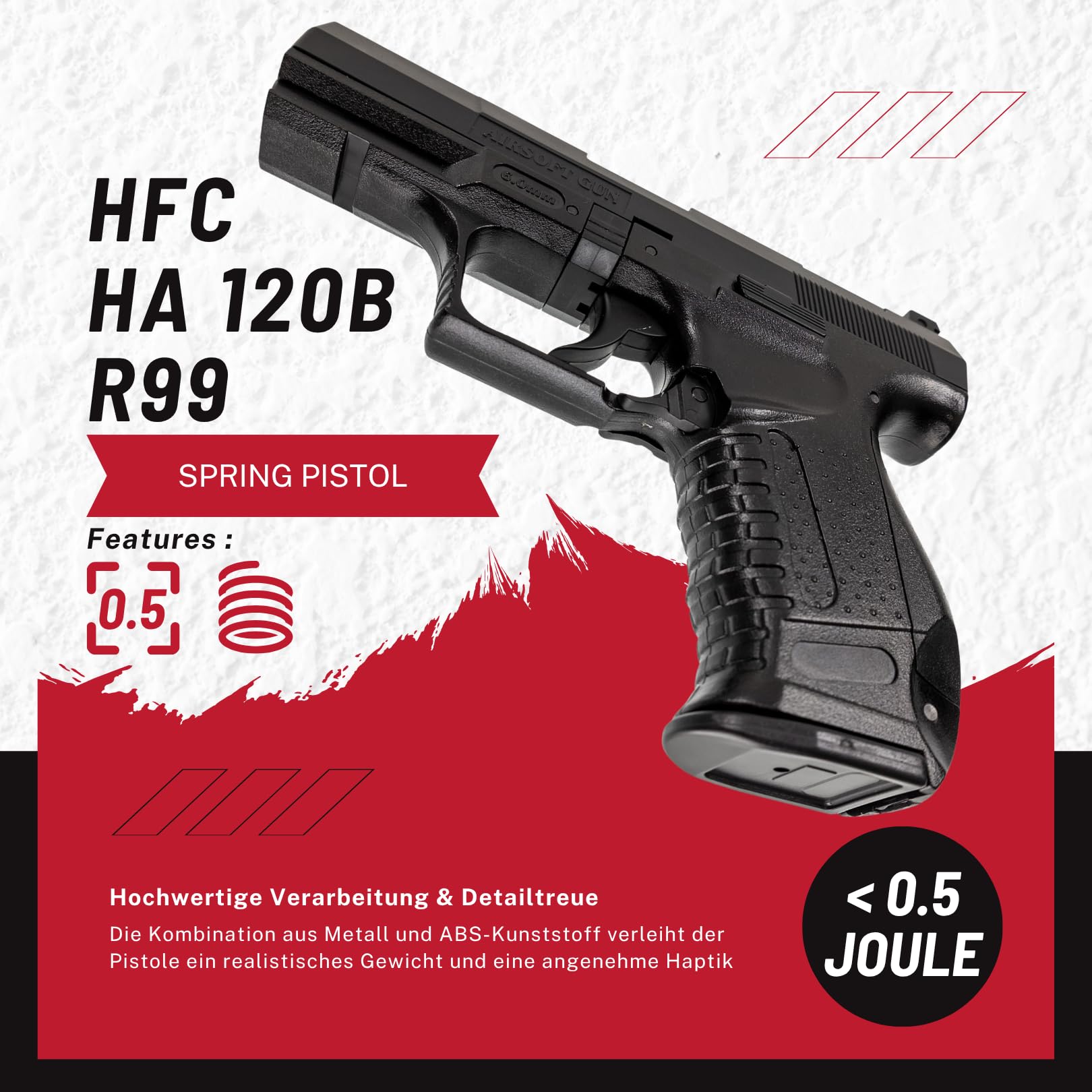 Airsoft Pistole HFC R99 6mm Federdruckpistole Softair Waffe 0,5 Joule – Set inkl. Magazin & 600 Bio BBS 0,20g Munition, Einsteiger, Freizeit & Outdoor <0,5 Joule