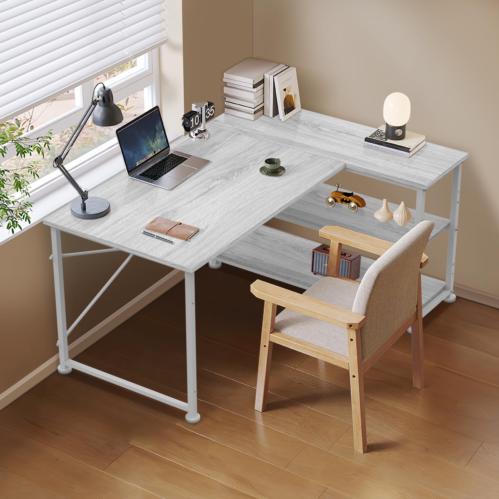 TRIUMPHKEY Scrivania ad Angolo Reversibile 110 x 80cm, Scrivania a Forma di L con Ripiani,Tavolo da Lavoro,Struttura in Acciaio, per Computer, Ufficio, Studio and Soggiorno, Grigio