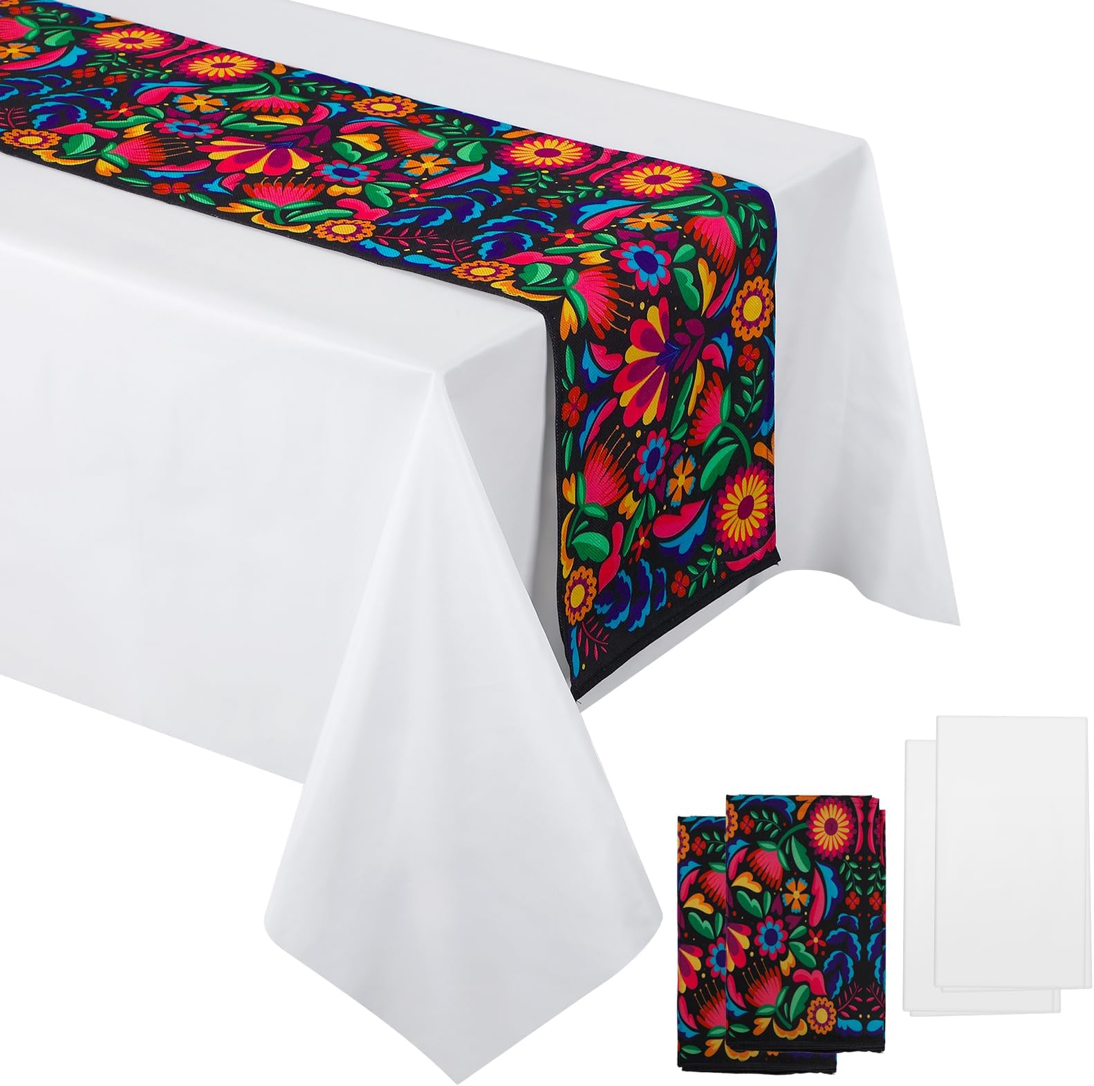 Tudomro 4 Pcs Mexican Table Runners with Fabric Rectangle Tablecloth Cotton Mexican Blanket 13.5 x 108 Inch Polyester Table Cover 54 Inch x 108 Inch for Cinco De Mayo Fiesta (Bright White)