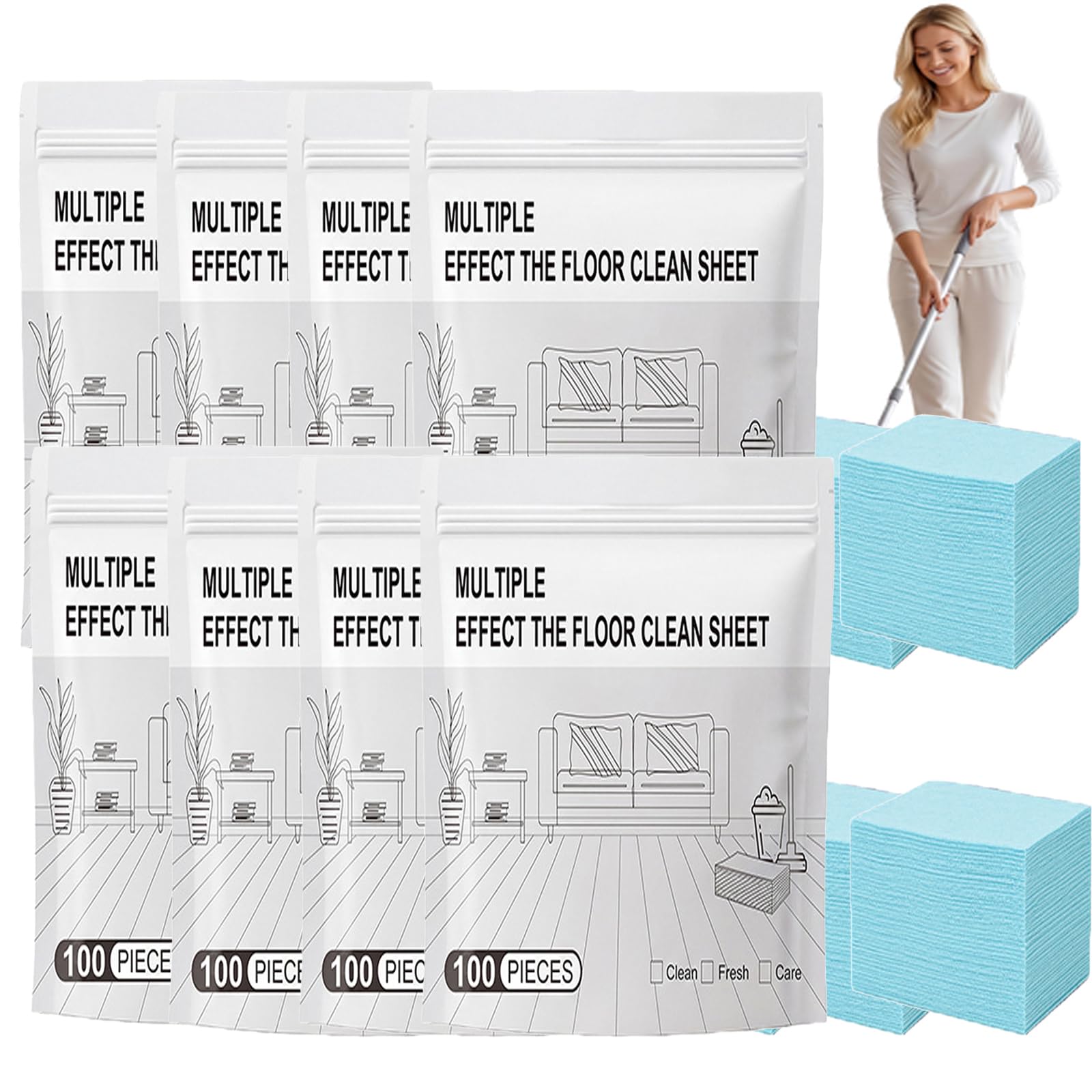 Multiply Effect The Floor Clean Sheet, 100 pastillas de limpieza de suelos, hojas solubles en agua, para suelos de madera, 8 unidades