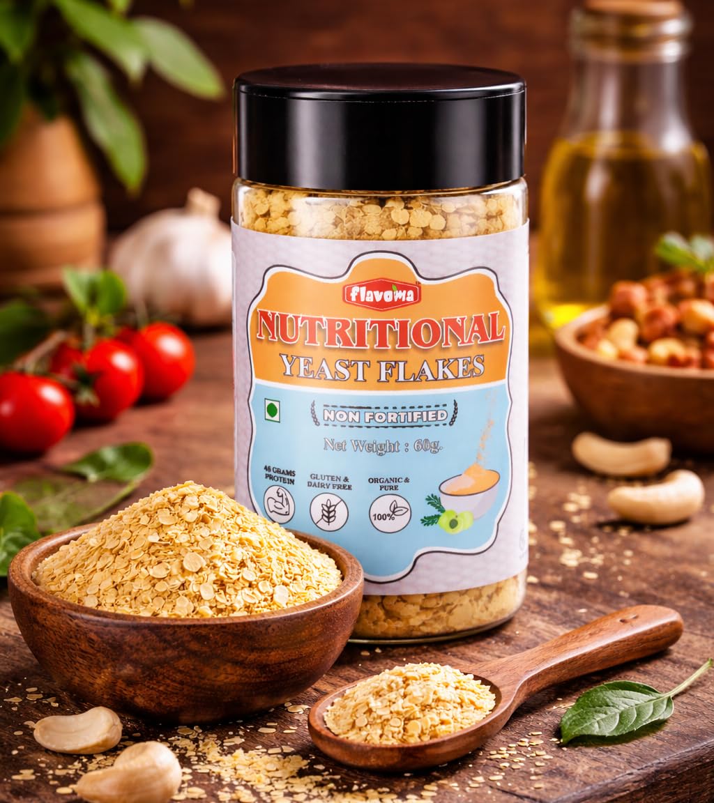 Flavoma Nutritional Yeast Flakes, 60gm (NON-FORTIFIED), 48% Protein, Gluten-Free, Vegan Cheese Flavor High in Vitamin B | Plant Based Seasoning for Cooking, Baking, and Snacks