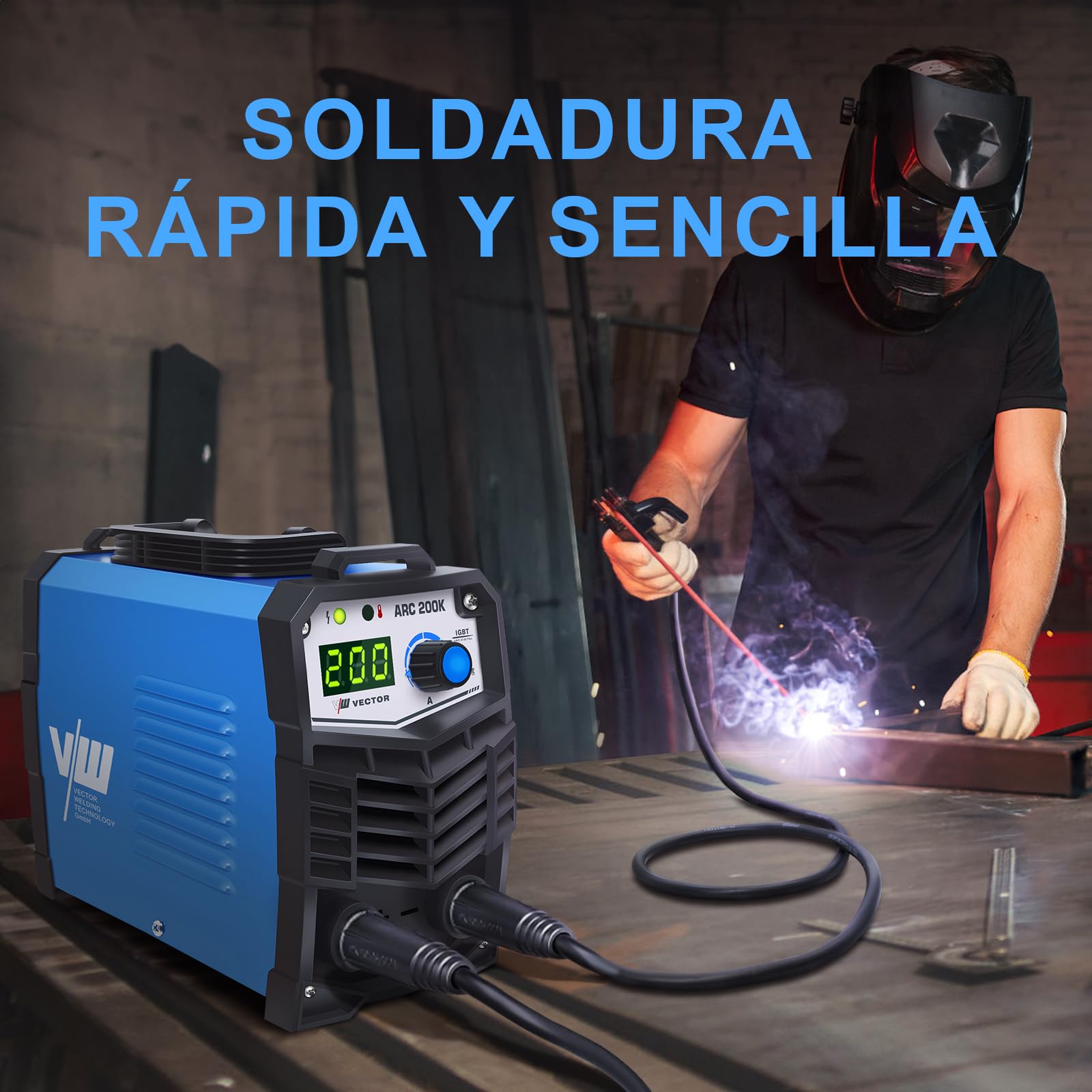 Soldadora de electrodos 200 A -Soldador Inversor Electrodos - Soldadora de Electrodos 230 V - 200 amperios - Set con casco de soldadura, martillo de escoria, cepillo, 10 electrodos