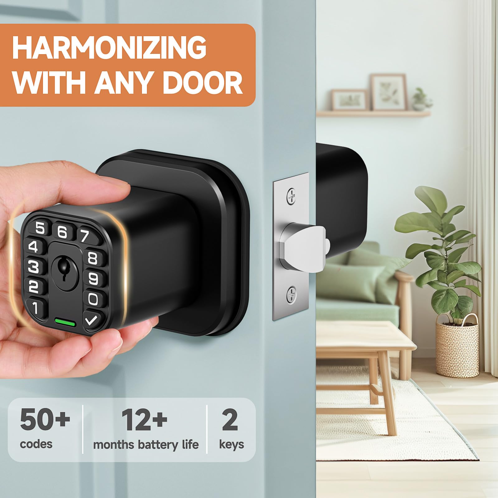 Richelock Keylees - Pomo cuadrado con teclado, cerradura de puerta de entrada con cilindro, bloqueo automático, impermeable y resistente a la intemperie, para exteriores e interiores, dormitorio,