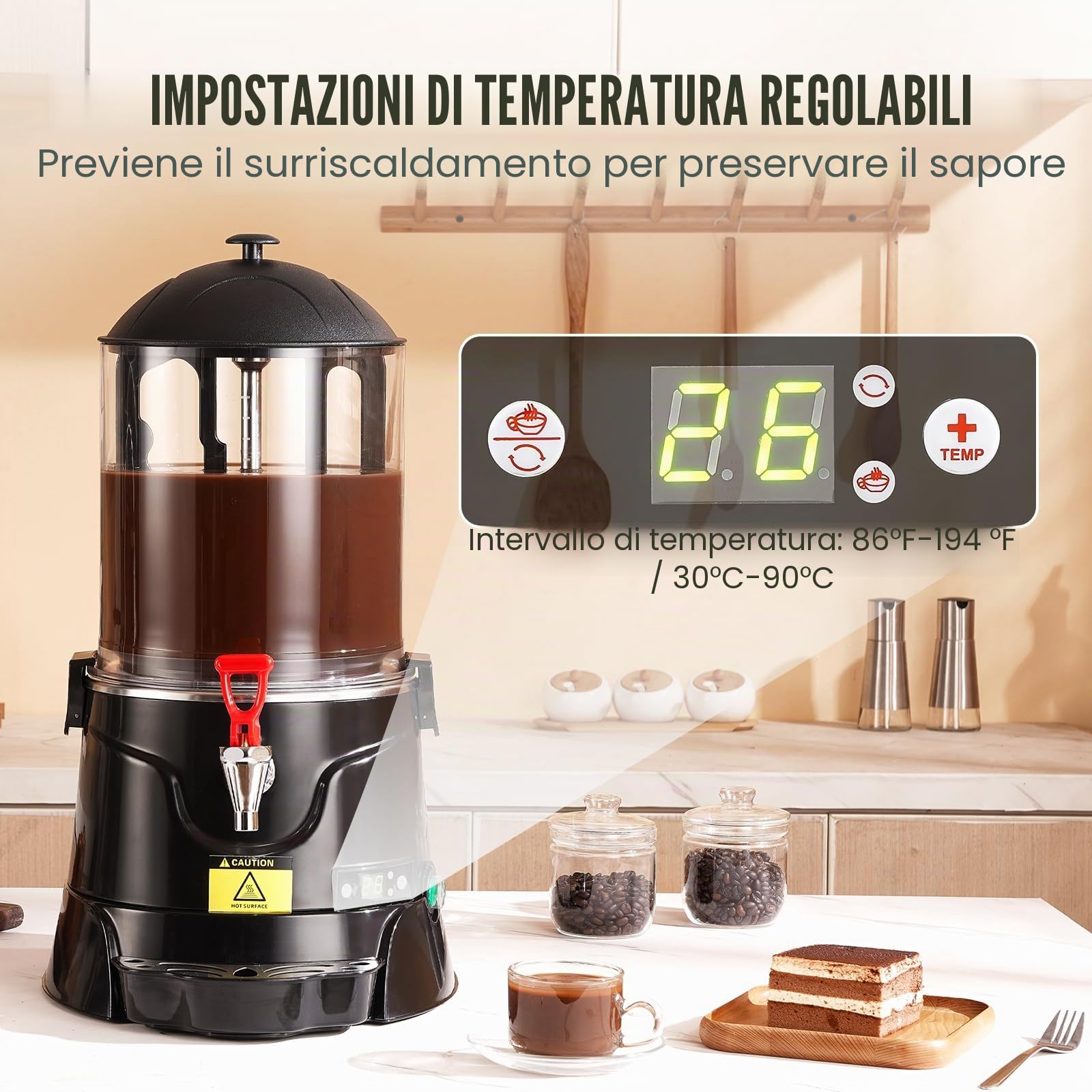 VEVOR Distributore di Cioccolata Calda 10 L Macchina per Cioccolata Calda con Intervallo di Temperatura Regolabile 30 ℃ a 90 ℃ con Serbatoio ABS di Alta Qualità con Distributore, per Bevande Calde