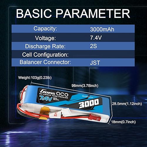 Miniatura 2 de Gens ace Paquete de baterías del receptor Lipo 2S 3000mAh 7.4V TX con enchufe JST para receptores y transmisores RC