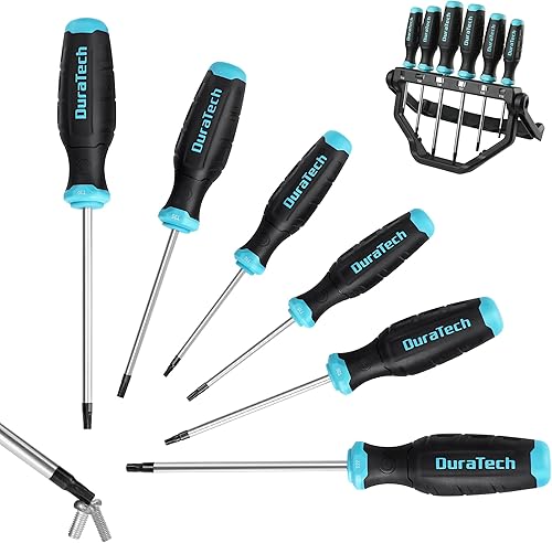 DURATECH Juego de destornilladores de 6 piezas, juego de destornilladores magnéticos Torx con estante de almacenamiento giratorio de 180, punta
