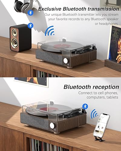 Miniatura 2 de MONODEAL - Tocadiscos de vinilo con altavoces, tocadiscos de 3 velocidades para discos de vinilo con transmisor Bluetooth, parada automática, salida