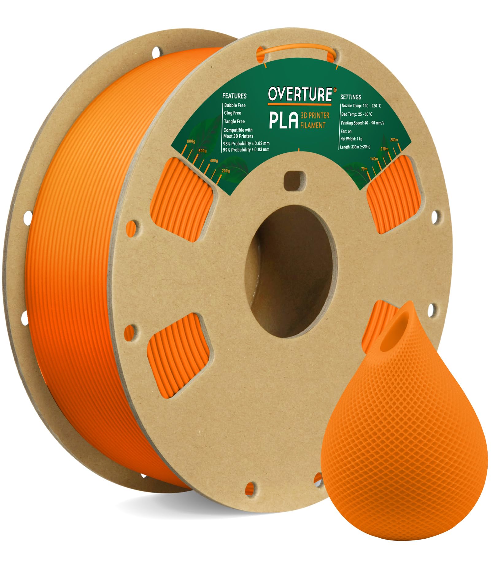 OVERTURE Filamento PLA 1.75mm, 1kg Bobina(2.2lbs), Precisione Dimensionale +/- 0.03 mm, per Stampante 3D (Arancia)