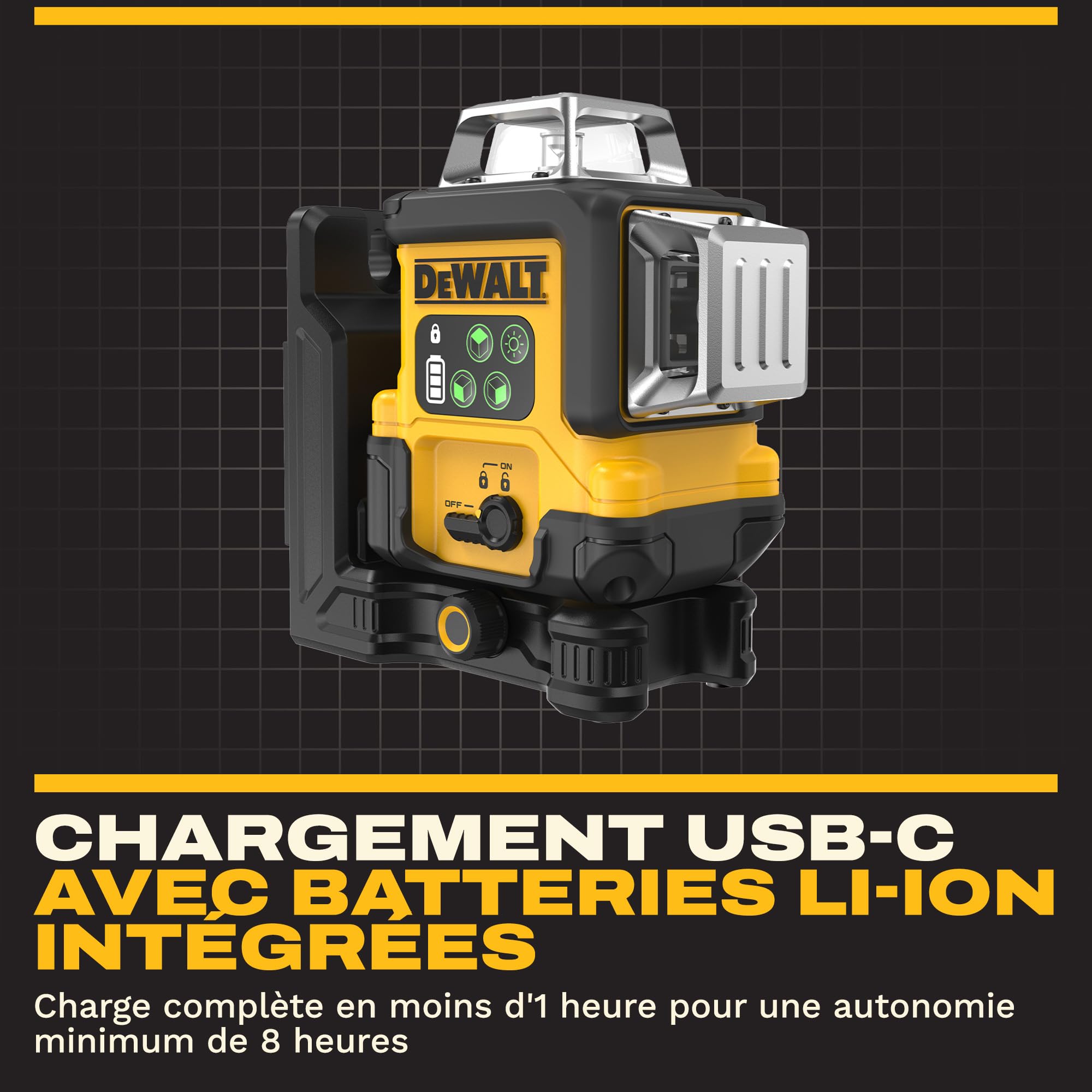 DEWALT, Laser linéaire vert 3x360° rechargeable par USB dans une mallette de rangement, DCLE14361GB-XJ