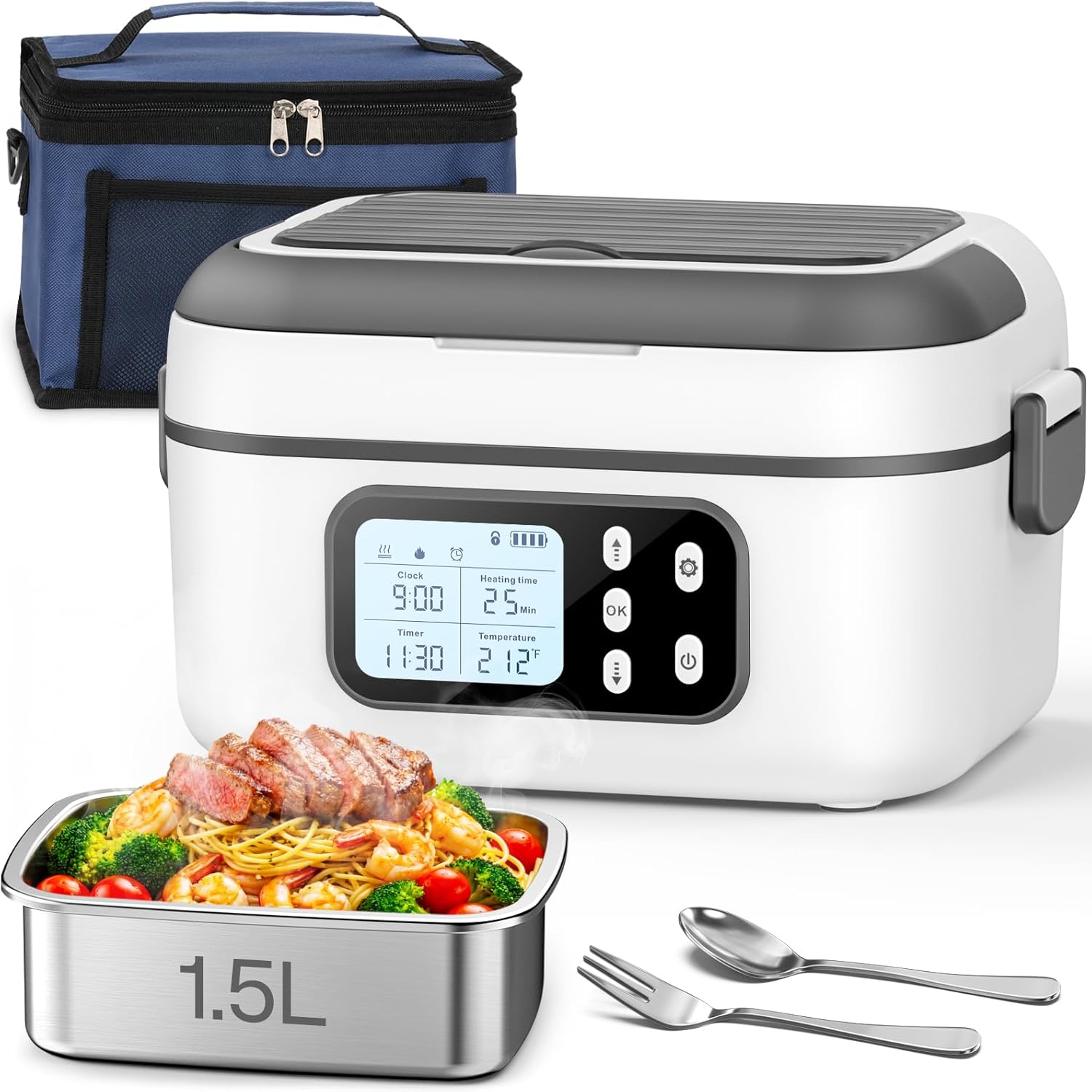 SOUOA Cordless Heated Electric Lunch Box for Adults with Automatic Heating,100W Portable Food Warmer Battery Powered for Men/Work/Car/Truck with 1.5L 304SS Container lonchera eléctrica portátil(White)