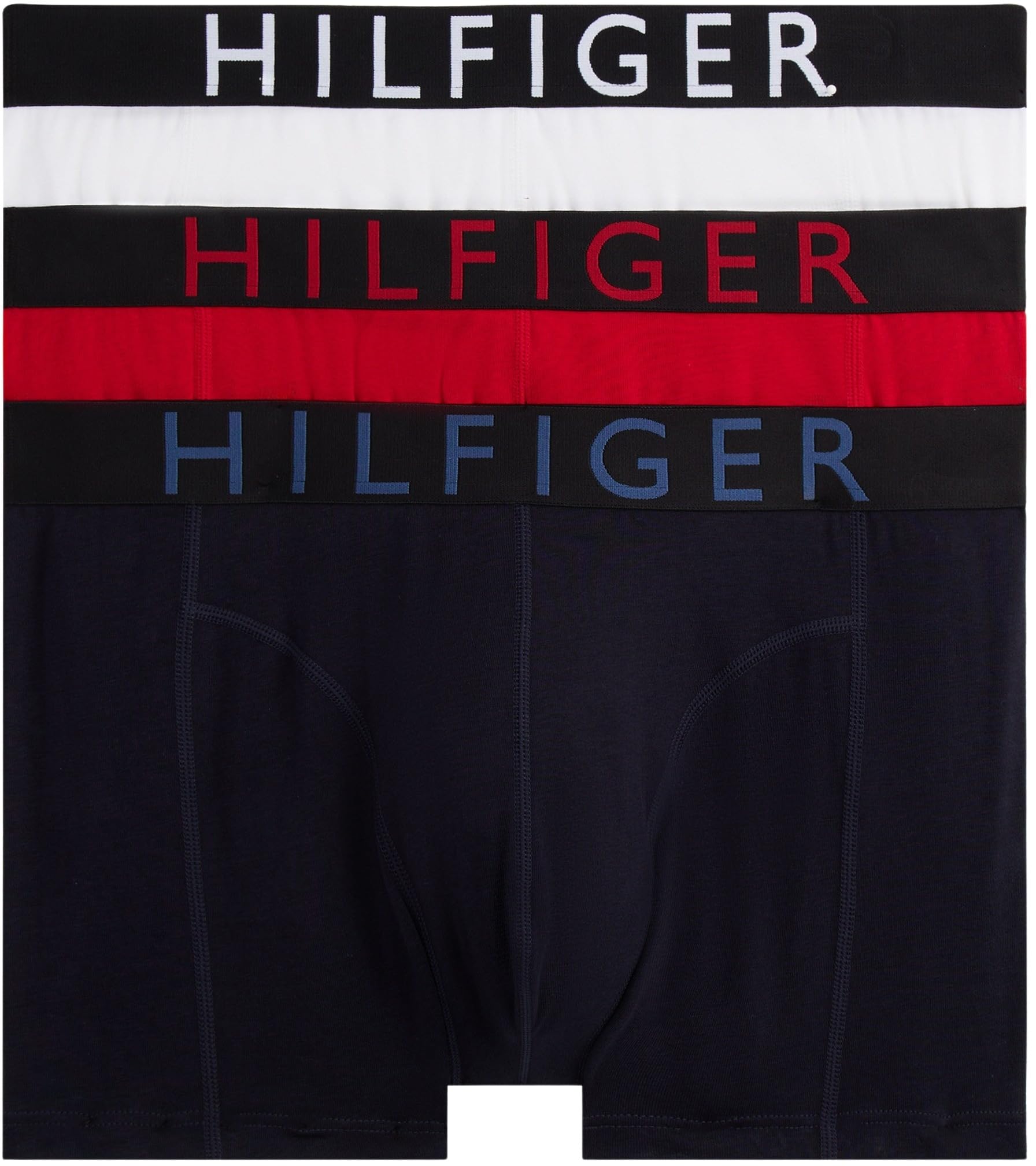 Tommy Hilfiger Men’s 3 Pack Trunks with Logo Waistband, Multicolor (Med Red/Th Whte/Des Sky), S