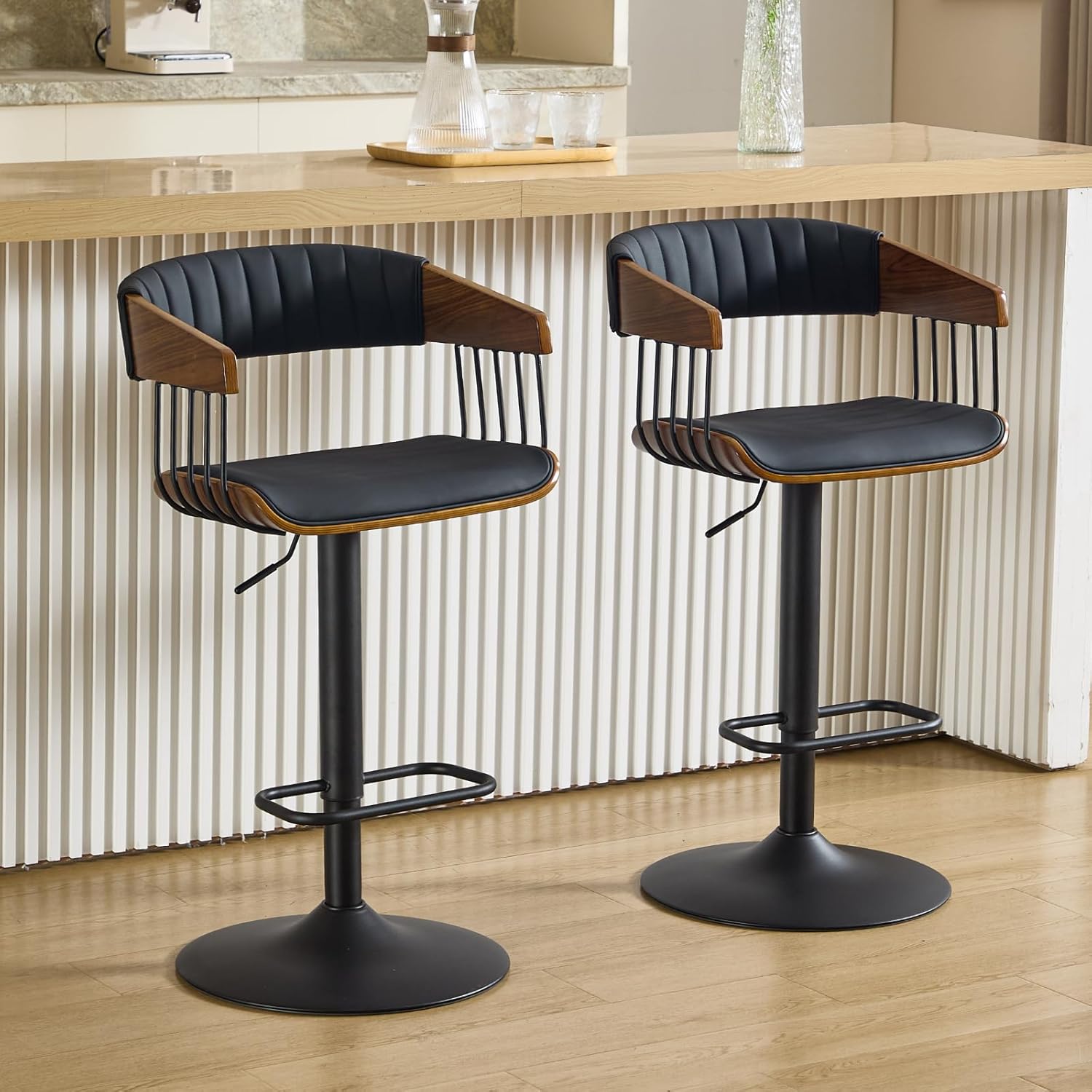 HEAH-YO Swivel Bar Stools Set of 2, Adjustable Counter Height Bar Stools with Backrests, Modern PU Leather Bar Stool with Footrest for Kitchen Island, Black