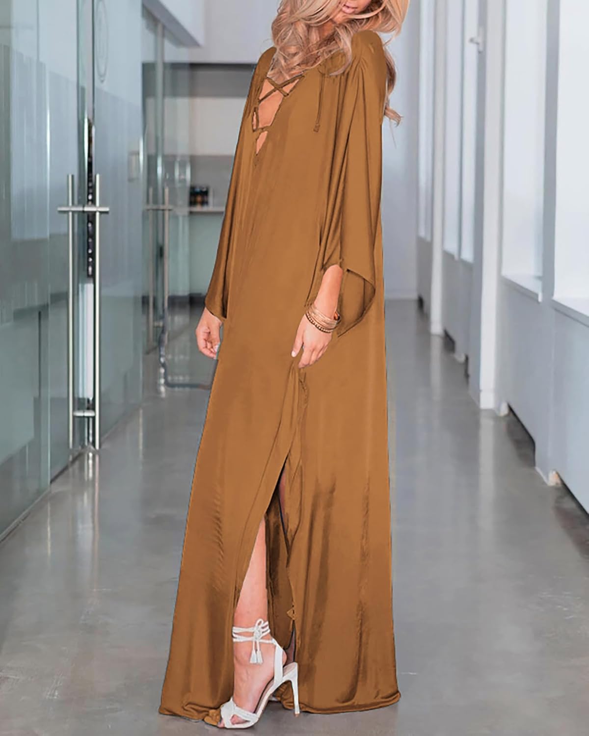 Bsubseach 2026 Long Kaftan Dresses Muumuu Plus Size V Neck Vintage Caftan Coverup Sexy Satin Dress - Image 3