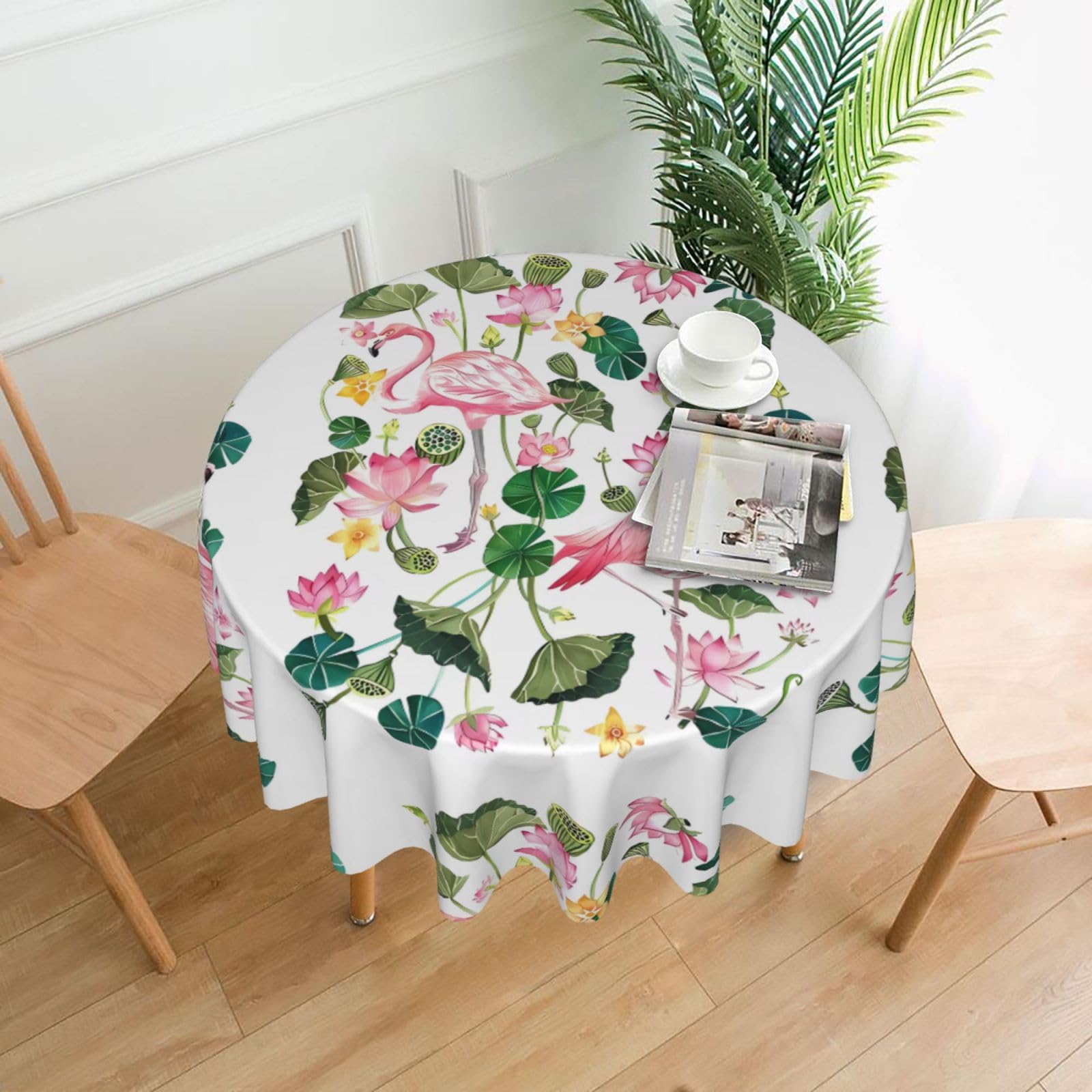 WHJSHOP Flamingo Bird Round Leaves Prints Round Table Throw 60 Inch – Waterproof Table Cover for Dining, Coffee Tables, Parties & More - Soft, Wrinkle-Resistant Table Layer
