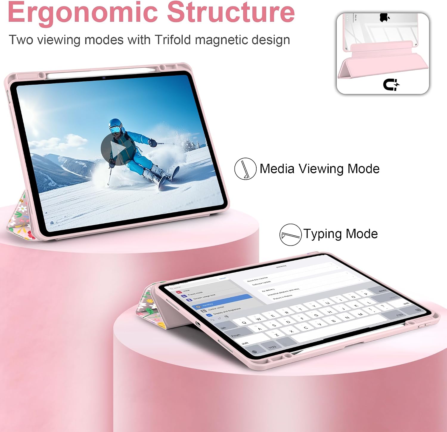 MEEgoodo Case for iPad Air 13 inch 2026(M4) / 2025(M3) / 2024(M2), Tablet Cases with Transparent Acrylic Back Shell, Cover with Pencil Holder + Auto Wake/Sleep + Trifold Stand, Flat Spring Floral