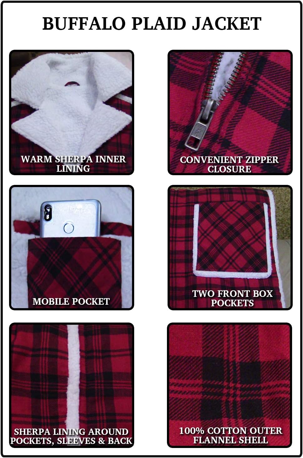 Red Checkered Flannel Jacket for Men & Women – Faux Shearling Lined All Season Shacket Coat - Image 5