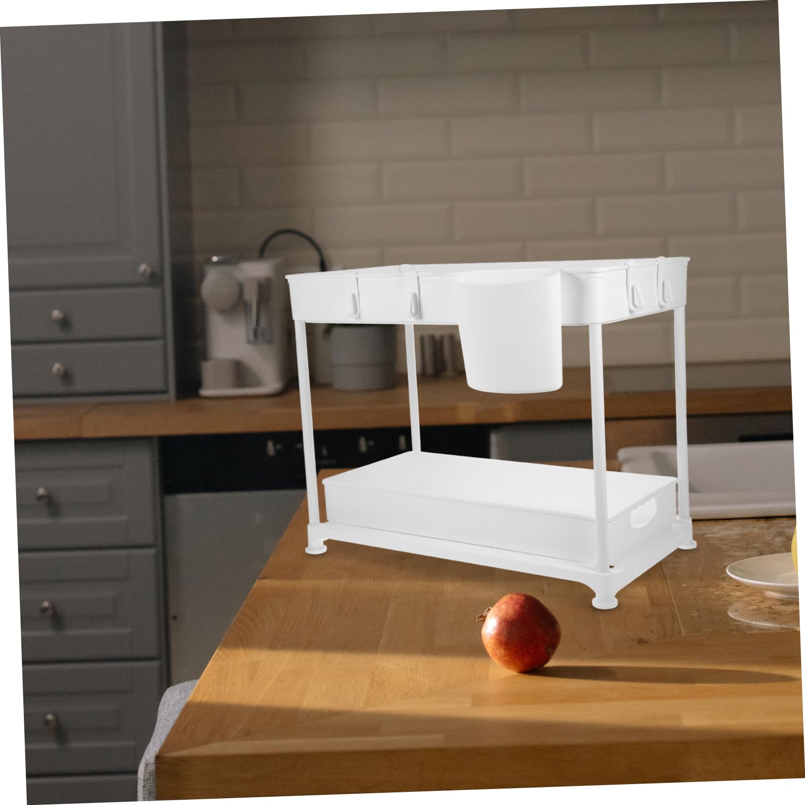 Mensola Organizzatore Sottolavello Estraibile Bianco Abs a Due Livelli | Design a Guardrail, Grande Capienza, Bagno e Cucina, Anti-caduta per Stoviglie